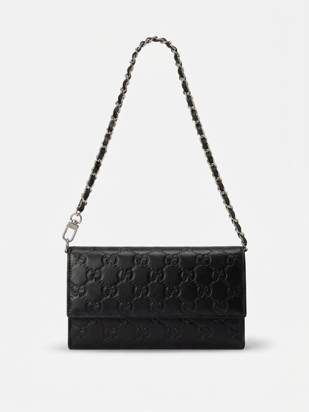 Gucci Guccissima Black Leather Continental Wallet + Chain Excellent Condition